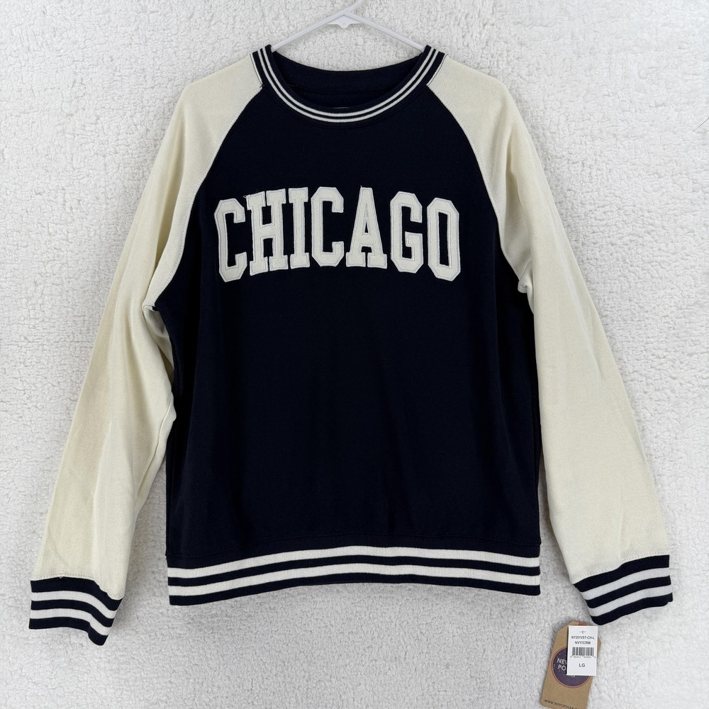 New York Popular Sweatshirt Mens Large Blue Chicago‎ Pullover Crewneck Fleece